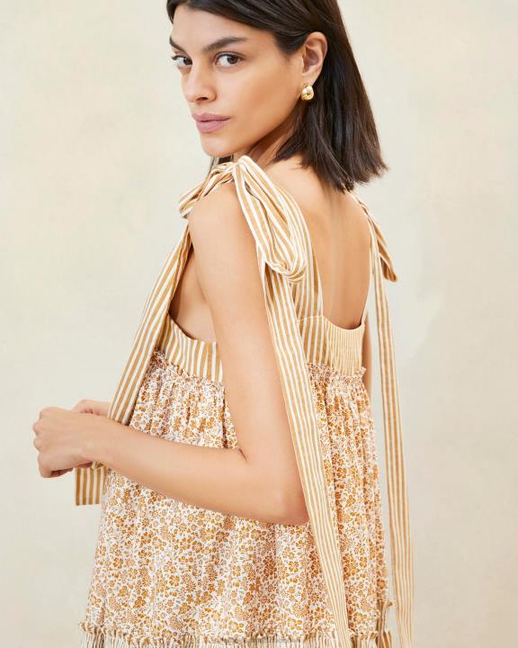 vrouwen janie jurk met ruches aan de zoom bruine bloemen/bruine streep Loeffler Randall kleren J8TT189