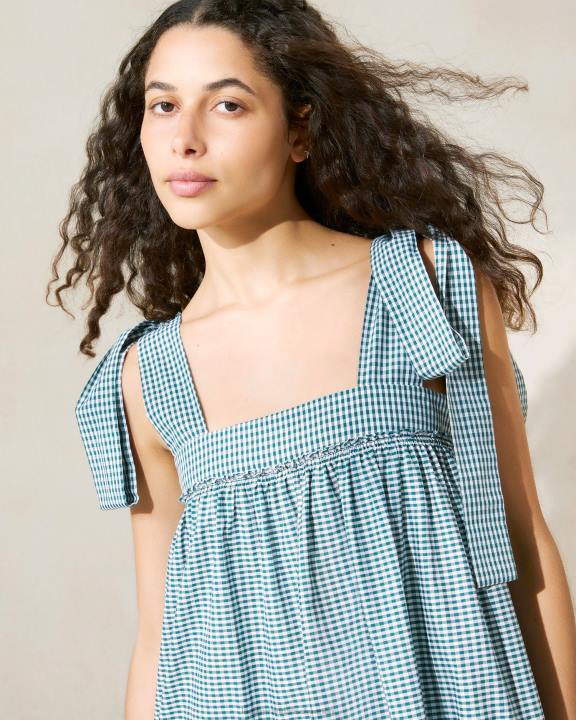 vrouwen janie jurk met ruches aan de zoom mini groene gingham Loeffler Randall kleren J8TT191