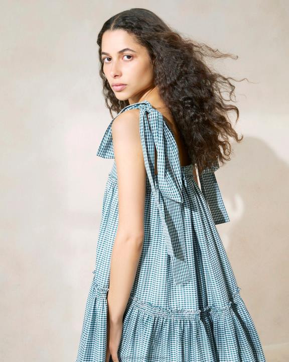 vrouwen janie jurk met ruches aan de zoom mini groene gingham Loeffler Randall kleren J8TT191