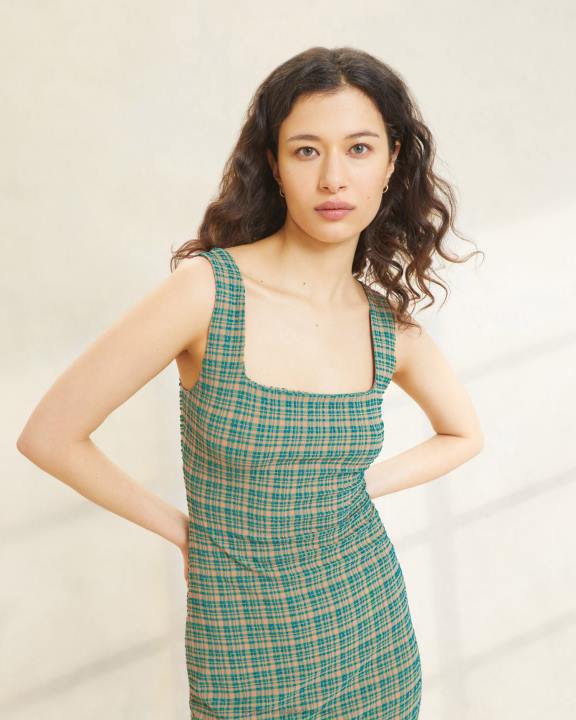 vrouwen yessica tankjurk met ruches aan de zoom groen/butterscotch plaid Loeffler Randall kleren J8TT188