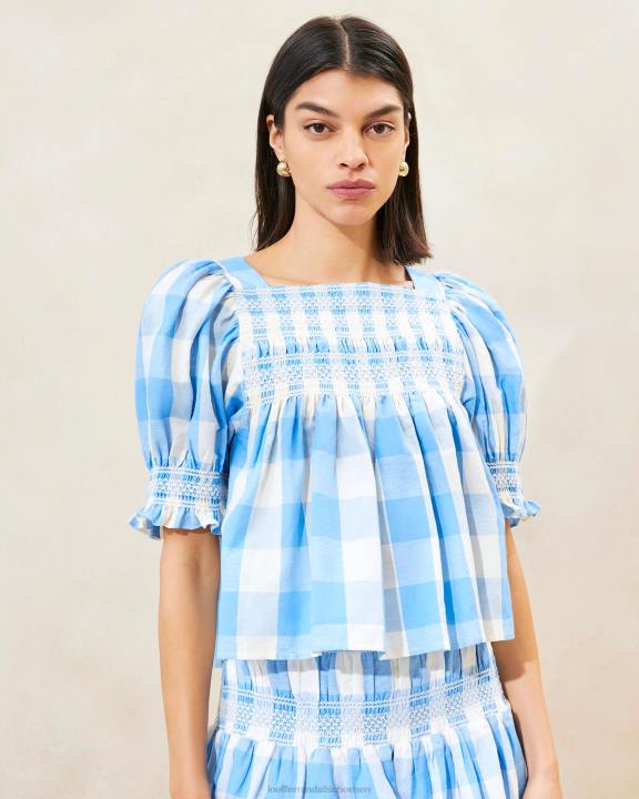 vrouwen Lydie gesmokte top blauwe gingham Loeffler Randall kleren J8TT199